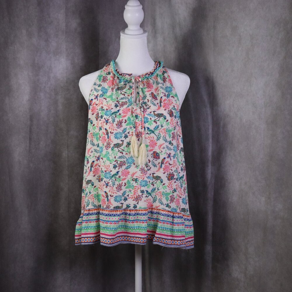 Rose and Olive Top Womens Small Multicolor Floral Birds Sleeveless Rayon Boho